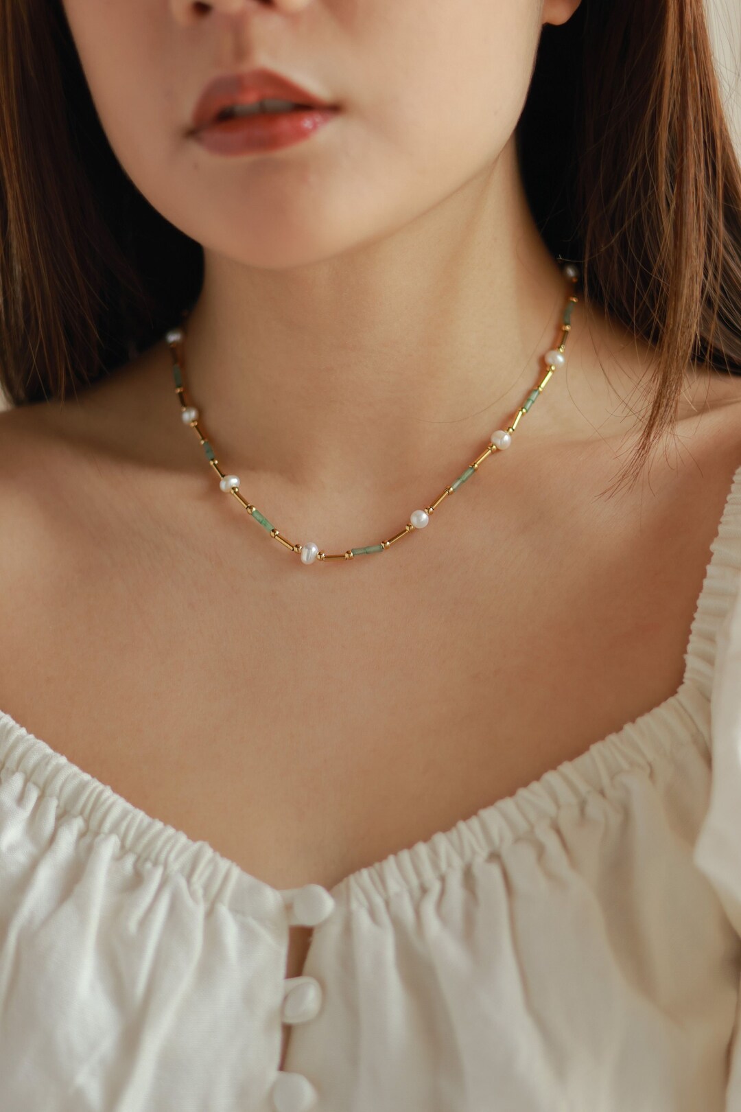 Dainty Jade Beaded Pendant Necklace Gemstone Jade Bead Layering