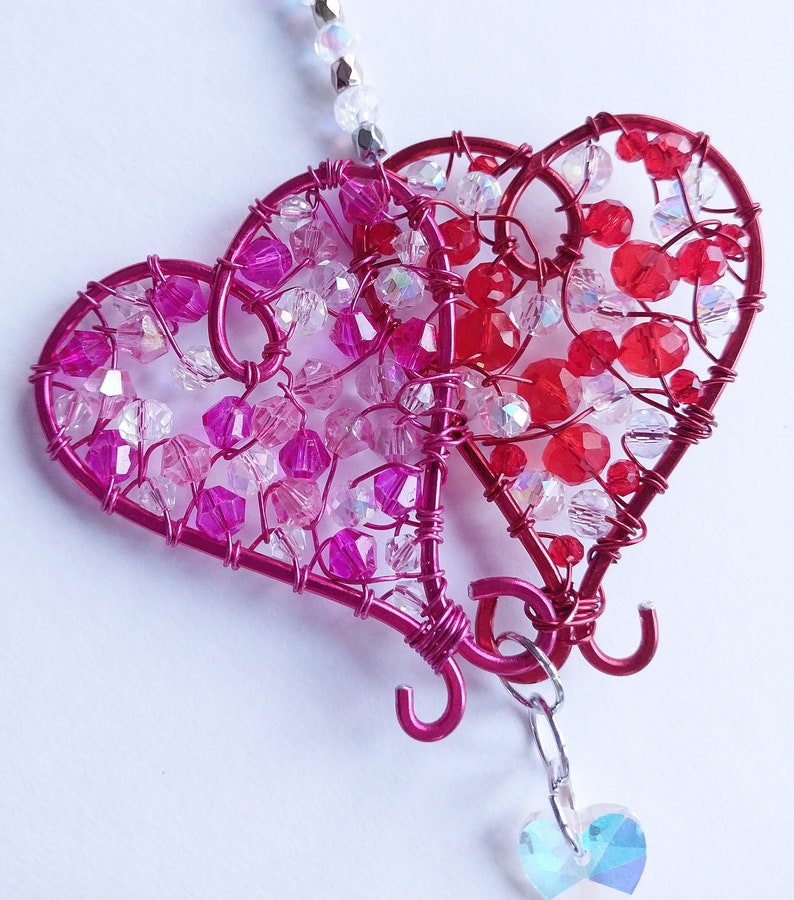 Red and Pink Double Hearts Suncatcher, Crystal Beaded Wire Wrapped