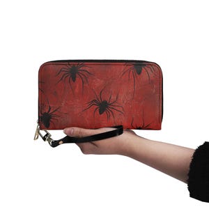 Geldbörse aus PU-Leder für Damen, rot mit schwarzem Spinnen-Design, stilvolle Geldbörse für den Alltag, Halloween-Geschenk, kompakt und langlebig, funktionell und schick