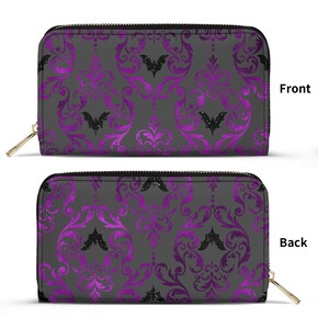 PU Leather Wallet, Purple with Black Bats Flying Pattern, Everyday Use, Cool Gothic Gift for Her, Daily Essentials, Gothic Fashion, Stylish image 4