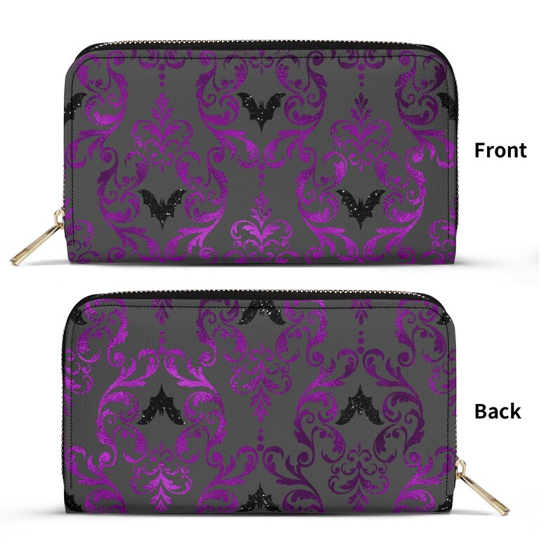 PU Leather Wallet, Purple with Black Bats Flying Pattern, Everyday Use, Cool Gothic Gift for Her, Daily Essentials, Gothic Fashion, Stylish image 4