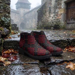 Gothic Cross Stitch Ankle Boots, Red Black Embroidery Print Booties, Transylvanian Folk Diamond Pattern Suede Boots, Dark Academia Shoes