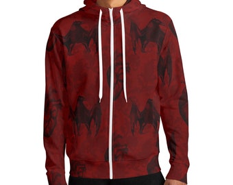 Turtleneck Hoodie, Full Zip Halloween Apparel, Cool Vampire Bats & Hearts Design, Perfect Gift for Spooky Season, Cozy Streetwear, Stylish