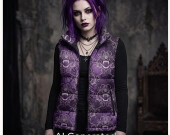 Gothic Vampire Fangs Puffer Vest, Purple Damask Quilted Vest, Dark Academia Sleeveless Jacket, Witchy Goth Winter Outerwear