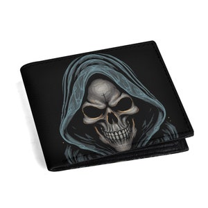 Cartera para hombre con la muerte, diseño minimalista de piel sintética elegante, regalo perfecto para cumpleaños y Halloween, uso diario, accesorio para fanáticos del terror