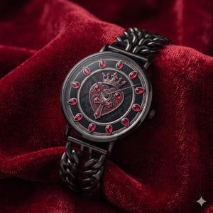 May include: A black wristwatch with a chain-link band featuring a circular face. The dial displays a central red heart emblem topped with a crown and an ankh symbol, surrounded by twelve red teardrop-shaped markers on a dark patterned background.