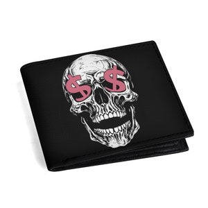 Cartera de cuero PU para hombre, papel doblado, negro, signo de dinero de calavera, billetera de moda, regalo para él, soporte de dinero elegante, accesorio para hombre, gótico