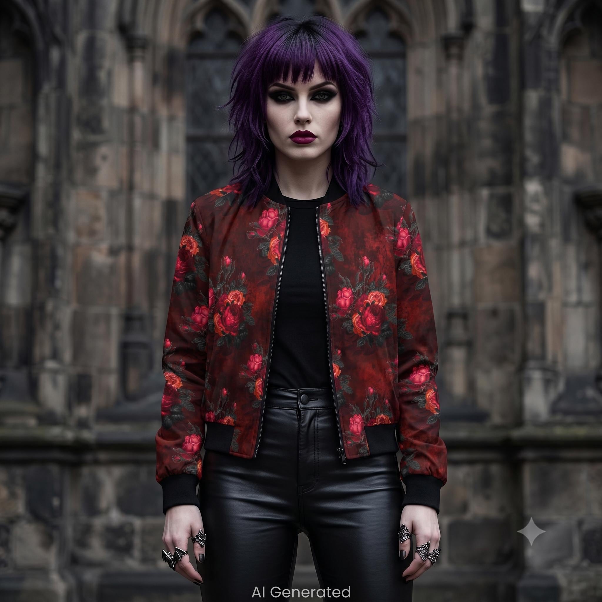 Gothic Bomber Jacket Women, Red & Black Roses Floral Print, Zip up