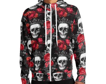 Hoodie Full Zip Turtleneck, Crowned Skulls & Red Roses Print, Trendy Streetwear, Unique Gift, Gothic Style, Casual Clothing, Warm Sweatshirt