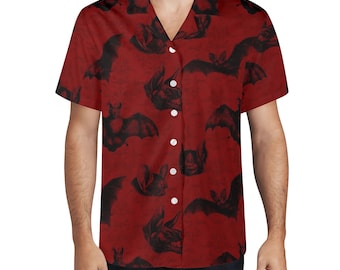 Men&#39;s All Over Print Hawaiian Shirt, Vampire Bats Pattern, Elegant Red And Black, Casual Short Sleeve Shirt, Button Up, Gothic Fashion