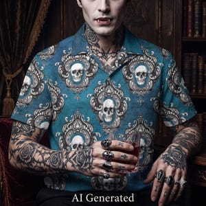 May include: A short-sleeved button-down shirt in a deep teal blue color featuring a repeating pattern of white human skulls framed by intricate, ornate silver-grey baroque scrollwork designs. The shirt has a classic collar and a buttoned front.