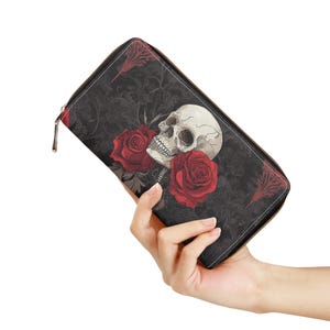 PU Leather Zipper Wallet,Gothic Skull and Roses Design,Stylish Wallet for Everyday Use,Unique Gift for Gothic Fashion Lovers,Durable Wallet