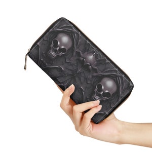 Cartera estilo gótico con estampado de calaveras, cartera con cremallera de cuero PU negro para todas las ocasiones, regalo gótico ideal, uso diario, compacta pero espaciosa