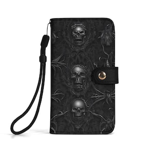 Schwarze Telefon-Schlag-Hülle, gotisches Schädelmuster, PU-Leder-Abdeckung für Handys, gotisches Geschenk für Liebhaber der dunklen Ästhetik, gotisches Accessoire