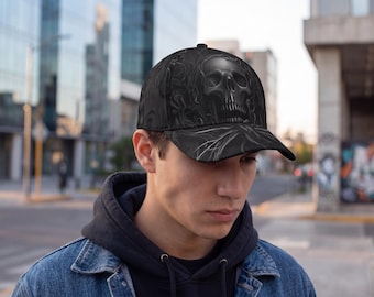 Black Gothic Baseball Cap with Skull Design, Cool Scary Headwear, Everyday Style, Alternative Fashion, Gift for Goth Enthusiasts, Trendy Hat