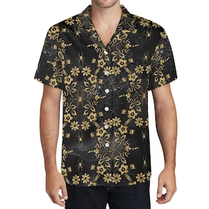 Hawaiiaans shirt heren, zwart en goud, ontwerp met spinnen en bloemen, casual zomerkleding, uniek cadeau voor hem, spinnenweb, cadeau voor vaders, trendy