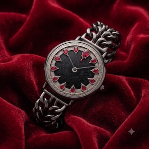 Puede incluir: Un reloj de pulsera analógico redondo con una correa de eslabones en color gris oscuro. La esfera tiene un centro negro con un intrincado patrón de volutas, rodeado por un bisel plateado con doce gemas rojas en forma de lágrima.