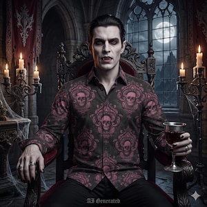 Peut inclure: Une chemise à manches longues boutonnée présentant une base gris anthracite foncé avec un motif damassé répétitif en magenta profond, intégrant des motifs de crânes dans les designs ornés, un col classique et une fermeture boutonnée.