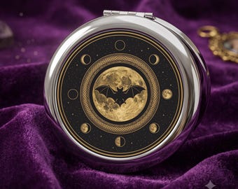 Bat Moon Phases Pocket Mirror, Gothic Compact Mirror, Celestial Ouroboros Design, Dark Academia Witchy Gift, Vampire Bat Bridesmaid Gift