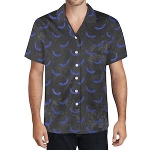 Men&#39;s Hawaiian Casual Shirt Black Bats Button Up Short Sleeve Shirt Gothic Style Men Black Jersey Loose Fit Halloween Gift For Him Goth