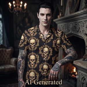 May include: A short-sleeved button-down shirt in black featuring a repeating pattern of human skulls encased in ornate, gold-colored baroque-style frames. The shirt has a classic collar, a front button placket, and a straight hemline.