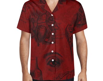 Men&#39;s Hawaiian Casual Shirt Short Sleeve Button Up Shirt Casual Clothes Vampire Skeleton Design Red Blouse Dress Shirt Gift For Him