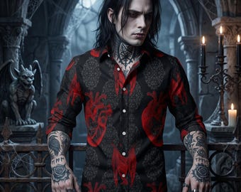 Camisa gótica de murciélago vampiro para hombre, estampado integral, manga larga con botones, ropa gótica de Transilvania, negro y rojo sangre, regalo de Halloween