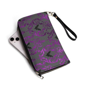 PU Leather Wallet, Purple with Black Bats Flying Pattern, Everyday Use, Cool Gothic Gift for Her, Daily Essentials, Gothic Fashion, Stylish image 9