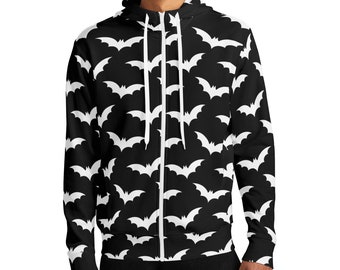 Turtleneck Hoodie, Full Zip Streetwear, High Collar Sweatshirt, Unique Bats Flying Design, Casual Hooded Sweatshirt, Comfortable and Soft