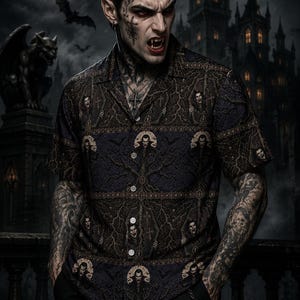 May include: A short-sleeved button-down shirt featuring a dark, intricate pattern of gothic motifs, including small figures and ornate textures in shades of black, brown, and deep blue. The shirt has a classic collar and white buttons down the front.