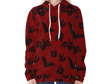 Women Hoodie, All Over Bats Print Design, Halloween Costume, Unique Gift for Ladies,  Comfortable Clothing for Cool Evenings, Casual Wear