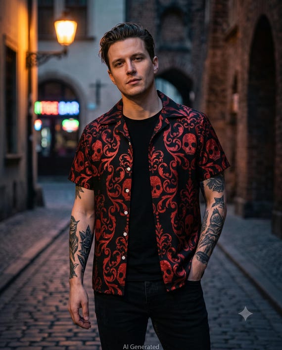 skull dress shirt RELIGION Imported. Tatoo dress shirt short sleeve