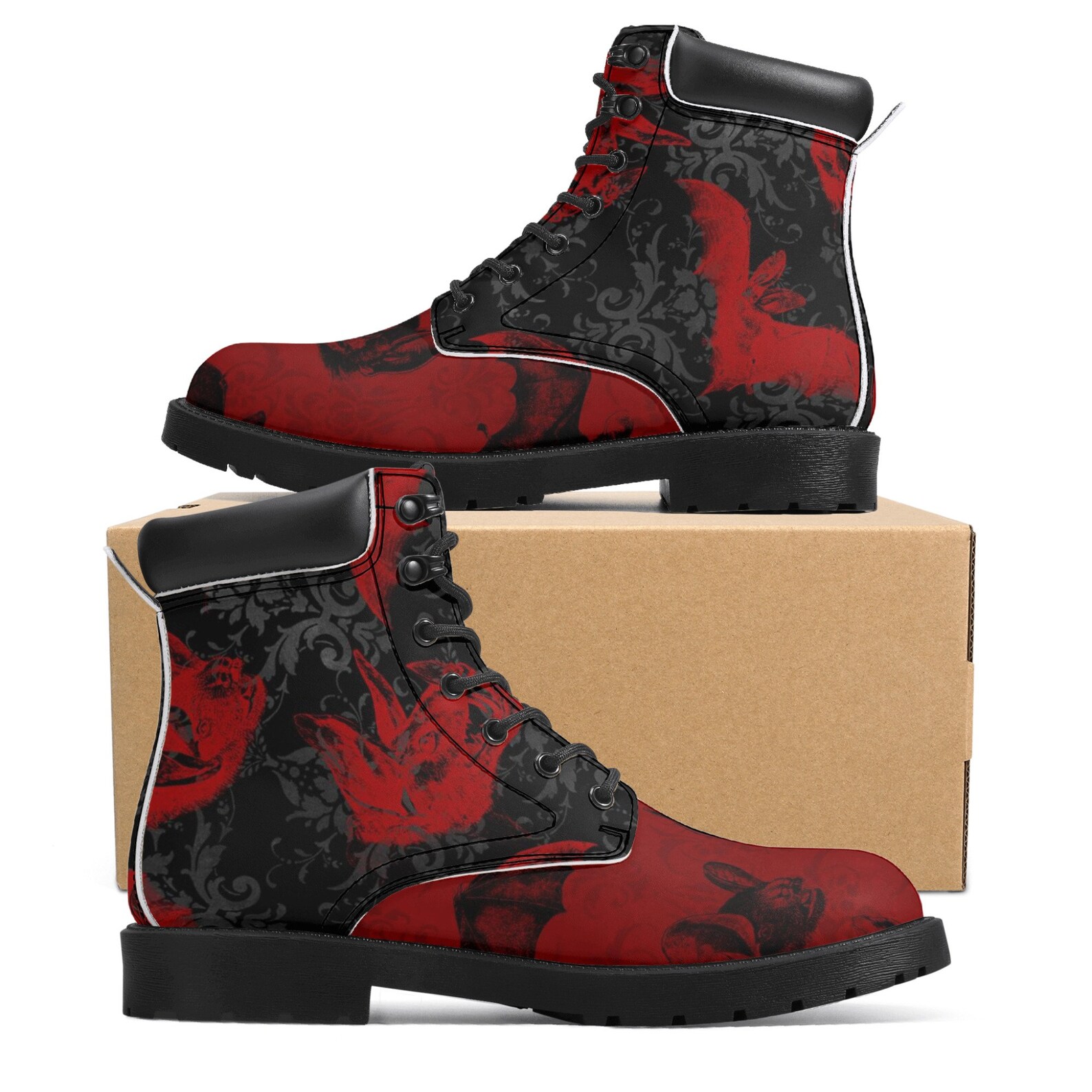 Men's All Season Leather Boots Men Gothic Boots Goth Festival Boots Grunge Skulls Bats Vampire