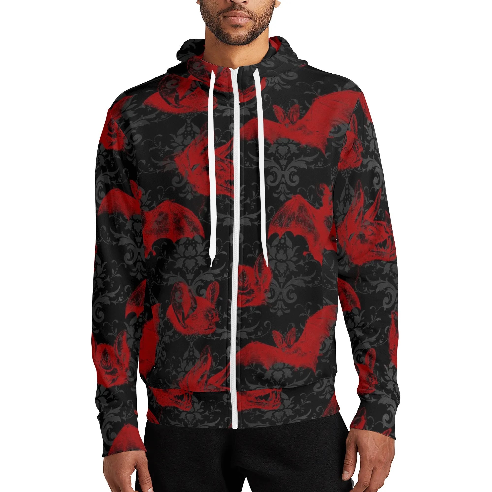 Adult Full Zip Turtleneck Hoodie, Trendy Gothic Bat Print for Streetwear, Fun Halloween Gift for Stylish Adults,  Comfortable, Fall Fashion
