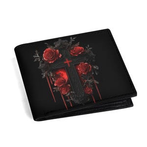 Minimalistische Herren-Brieftasche, PU-Leder, Vampirkreuz, bluttropfende Rosen, schlanke Brieftasche, für den täglichen Gebrauch, Kartenhalter, Geschenk für Ihn