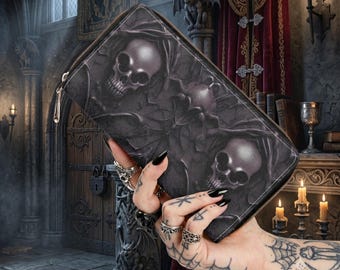 Skulls Pattern Gothic Style Wallet, Black PU Leather Zipper Wallet for All Occasions, Ideal Gothic Gift, Everyday Use, Compact yet Spacious
