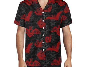 Men&#39;s Hawaiian Shirt with Vampire Bat Print Bold Red & Black Casual Wear Perfect for Summer Parties Beach Vacations Unique Gift for Him