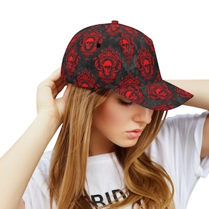 All-over Print Baseball Cap, Skull Pattern, Adjustable Strap, Comfortable Fit,  Alternative Style Outfit, Great for Concerts & Festivals