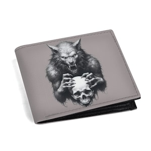 Cartera de piel sintética para hombre, billetera plegable de papel, hombre lobo sosteniendo una calavera humana, accesorios góticos, delgada y versátil, tarjetero de piel vegana