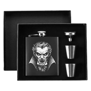 Black Stainless Steel Hip Flask Set,7oz, Includes Two Shot Cups, Angry Vampire Design, Gift for Him, Portable Drinkware,  Groomsmen Gift