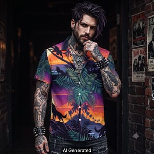 Men’s Hawaiian Shirt with Howling Wolves, Sun & Palm Motif, Casual Vacation Attire, Perfect Gift for Him, Summer Beach Wear,Casual Fashion