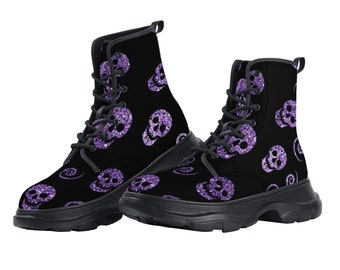Women's Leather Chunky Boots, Black Boots, Skulls, Gothic Boots, Festival Boots, Goth