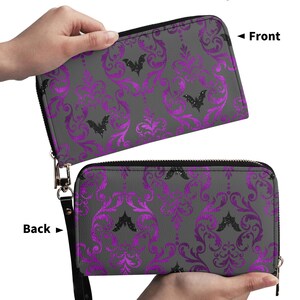 PU Leather Wallet, Purple with Black Bats Flying Pattern, Everyday Use, Cool Gothic Gift for Her, Daily Essentials, Gothic Fashion, Stylish image 3