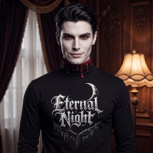 May include: Black long-sleeve shirt with the text "Eternal Night" in a gothic font, featuring a crescent moon and thorny design. The shirt has a high collar with a red, dripping blood effect. The person has pale skin and red eyes.