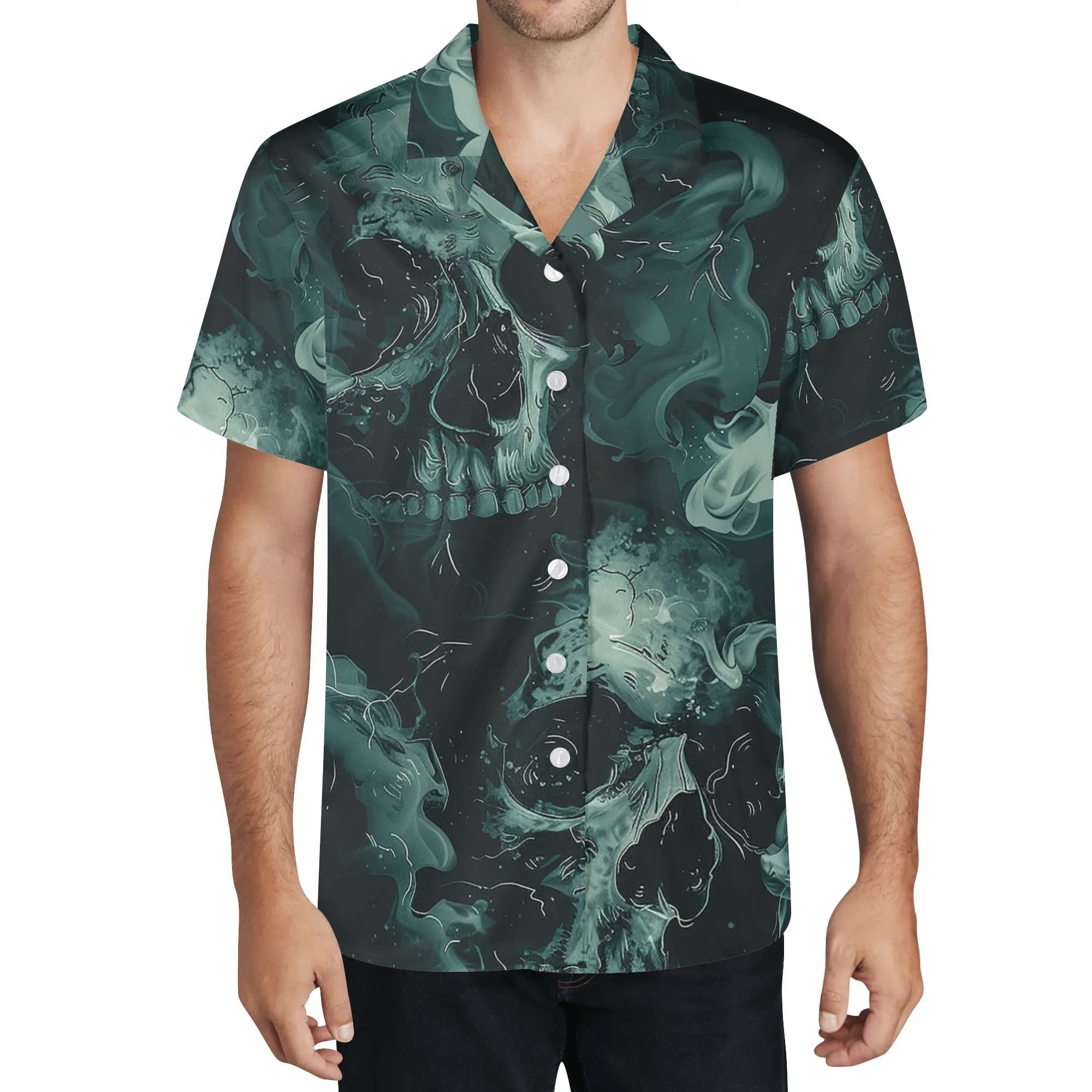 Men's All Over Print Hawaiian Shirt, Shadow Skulls Gothic Design, Casual Beachwear, Unique Gift for Him, Casual Outfit, Stylish Button Up