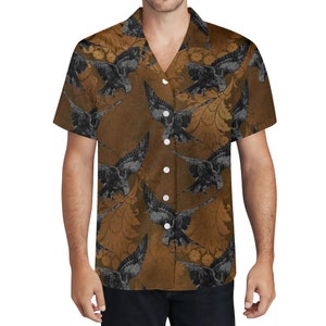 Gothic Raven Hawaiian Shirt Men, Brown & Black Bird Print Aloha Shirt, Dark Academia Beachwear | Father's Day Gift | Alt Fashion Button Down