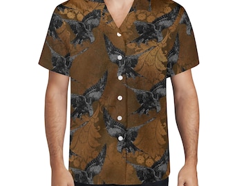 Gothic Raven Hawaiian Shirt Men, Brown & Black Bird Print Aloha Shirt, Dark Academia Beachwear | Father's Day Gift | Alt Fashion Button Down
