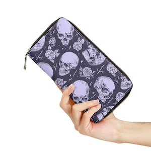 Gothic Skulls & Roses Geldbörse, PU-Leder-Reißverschluss, einzigartiges Accessoire für dunkle Frauen, perfekte Geschenkidee, langlebig und stilvoll, alternative Mode