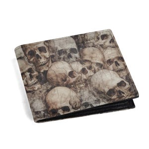 Cartera minimalista de piel sintética para hombre, diseño de calaveras góticas, elegante billetera plegable de papel, uso diario, regalo único para él, accesorios góticos