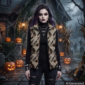 May include: A sleeveless puffer vest featuring a beige base with dark brown claw mark patterns and thin black cross symbols. The vest is worn over a black long-sleeve mock neck shirt, paired with black distressed jeans and layered silver necklaces.
